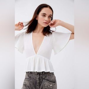 UO Rori Ribbed Plunging Babydoll Top